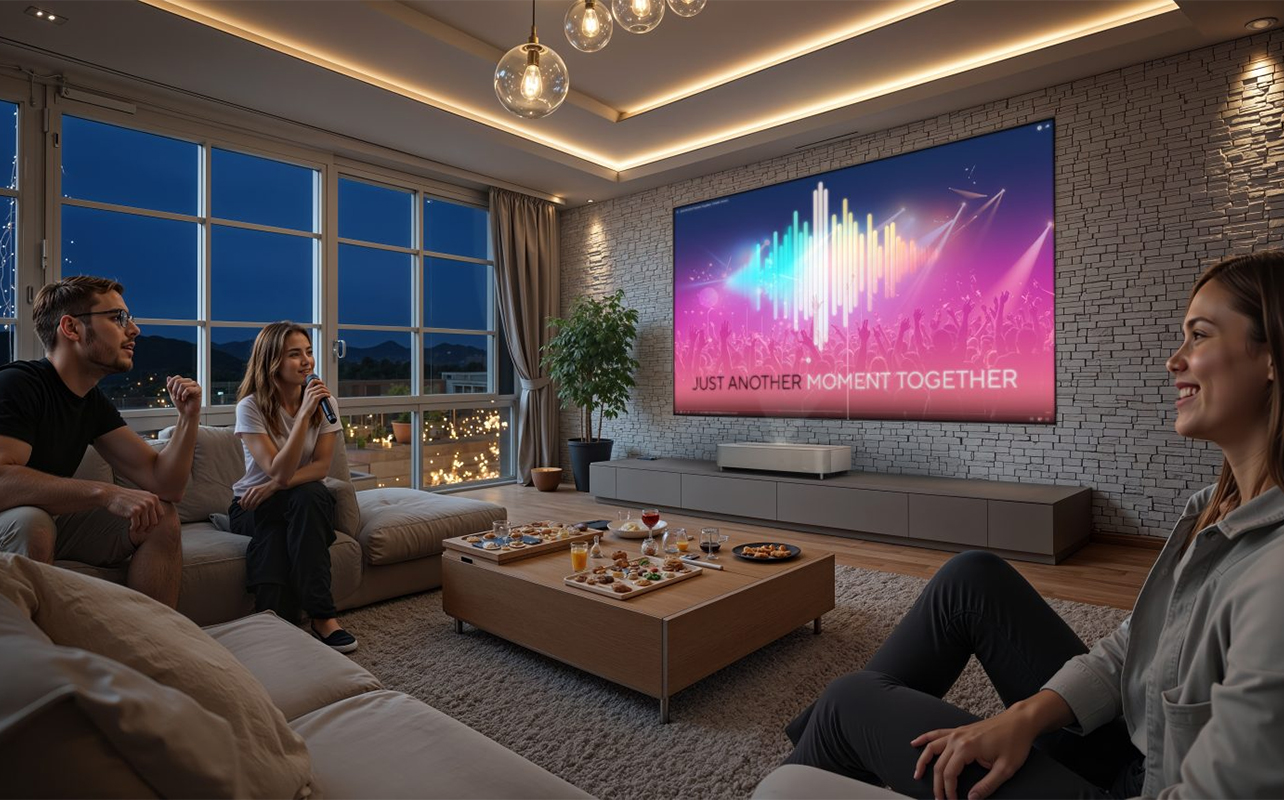 A living room at night with the Epson Lifestudio Grand Plus ultra short throw projector.