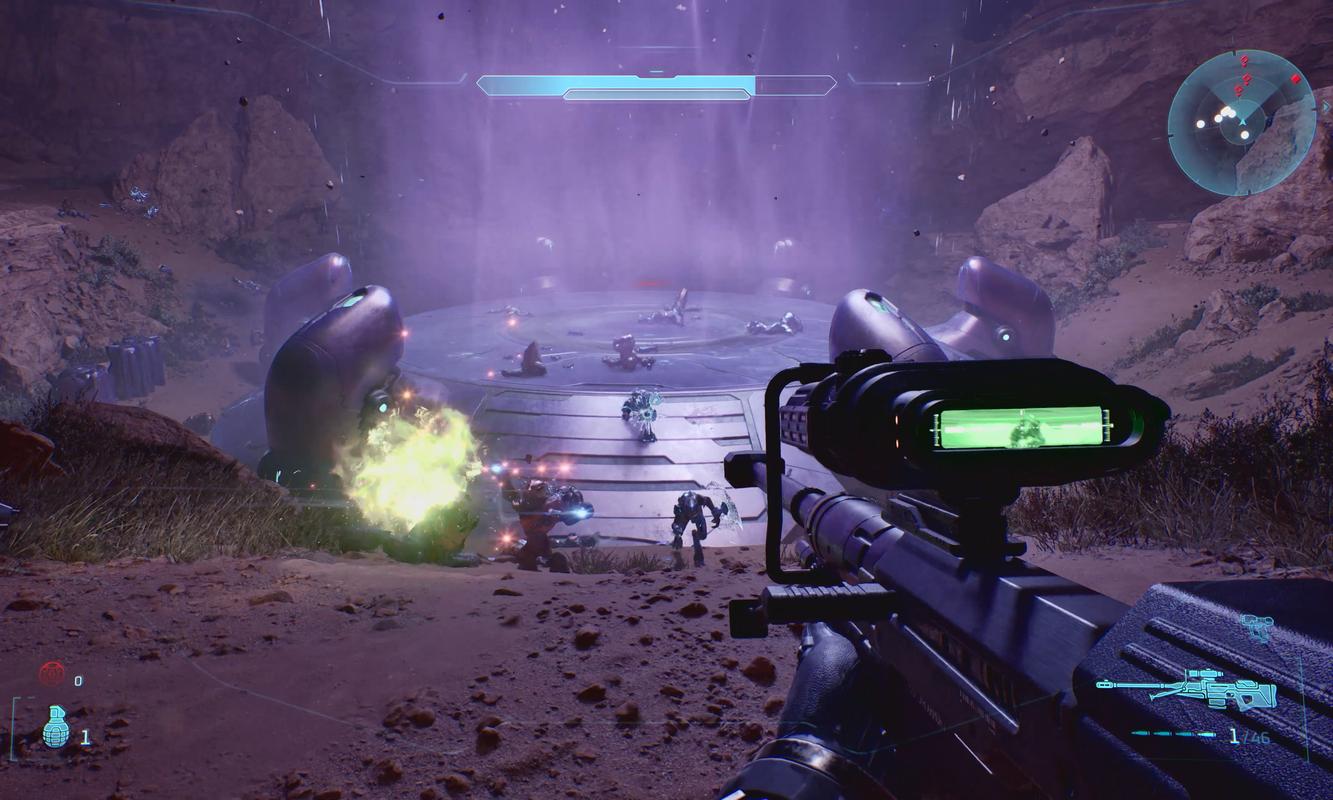 Master Chief aims a rifle at Covenant forces during a combat encounter in Halo: Campaign Evolved.