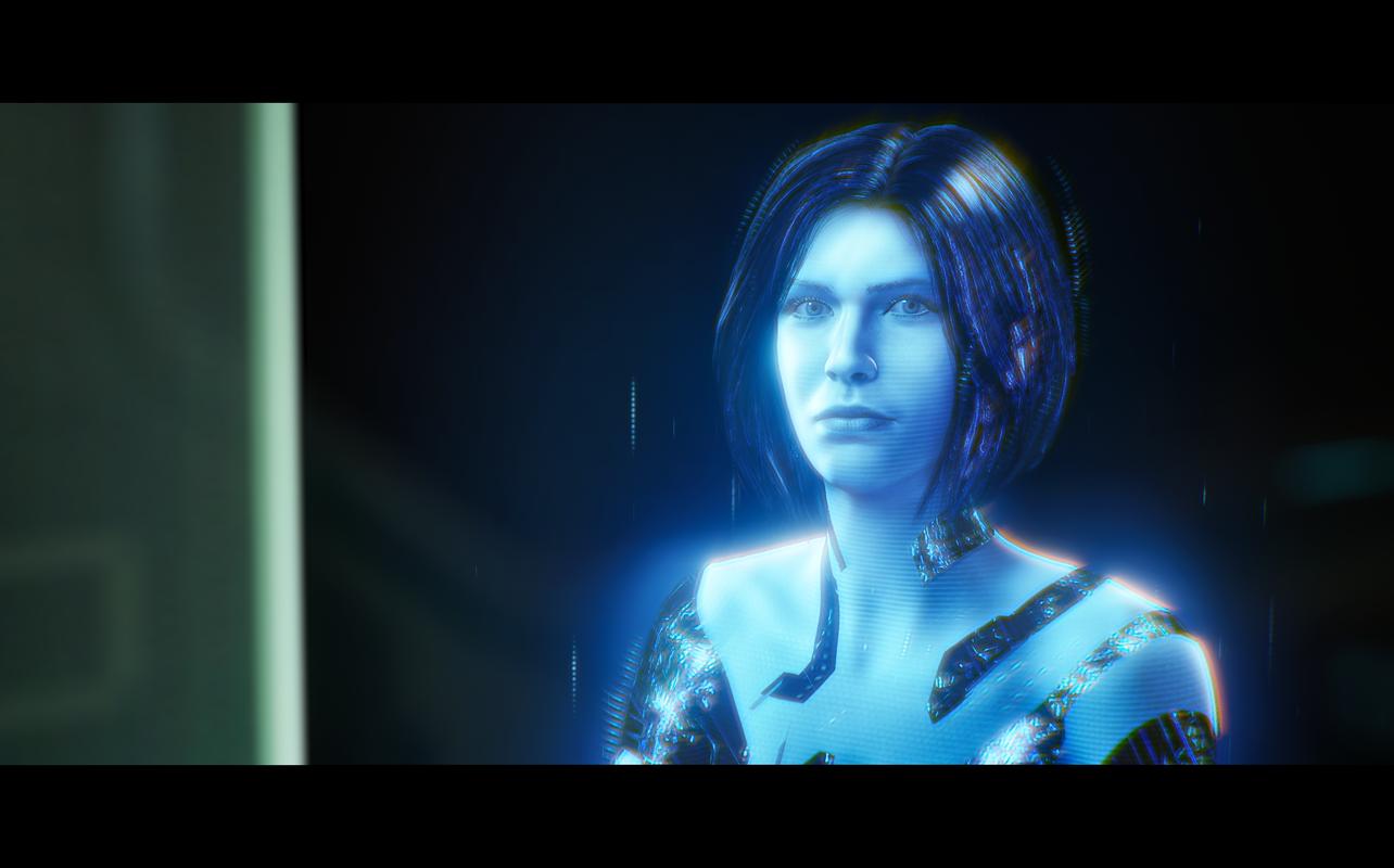 Cortana appears as a blue hologram in a Halo: Campaign Evolved cinematic.