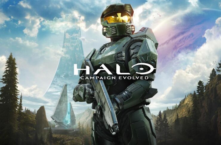 Master Chief stands on Alpha Halo in Halo: Campaign Evolved.