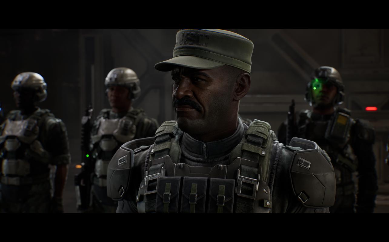 Sgt. Major Avery Johnson stands with UNSC Marines in Halo: Campaign Evolved.