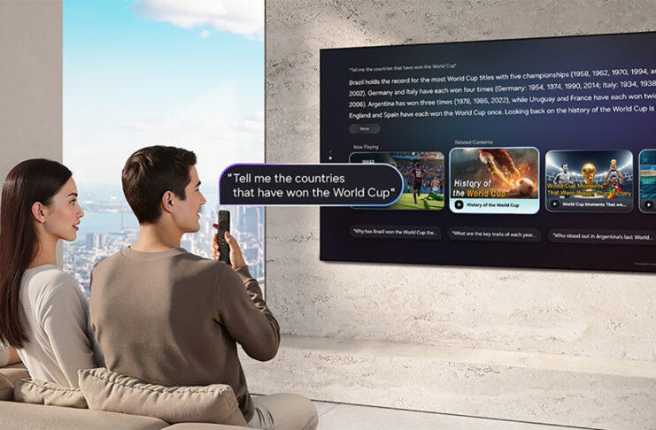 A couple using voice commands on a Samsung AI TV