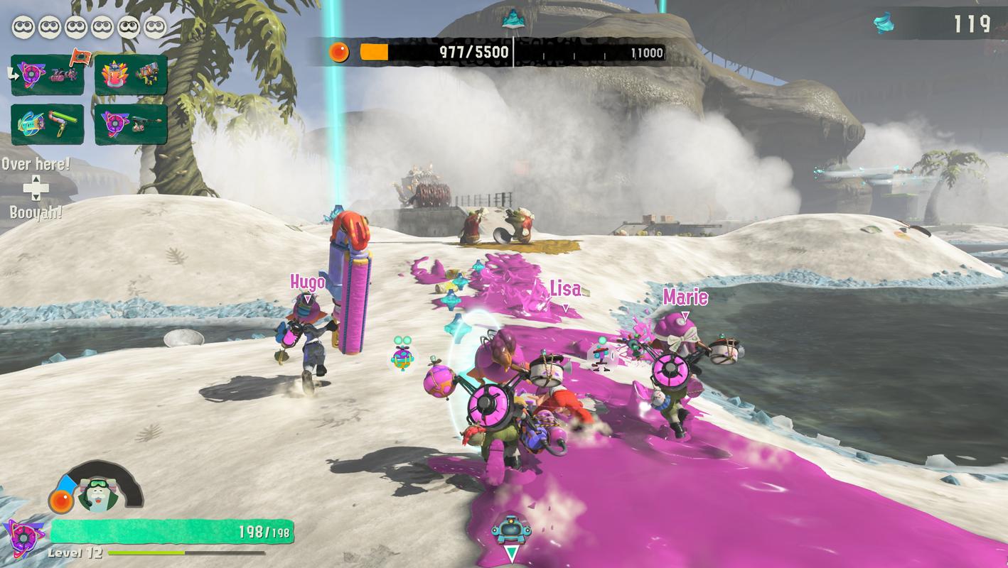 The Mechanic and three teammates fight together during a co-op Raid in Splatoon Raiders.