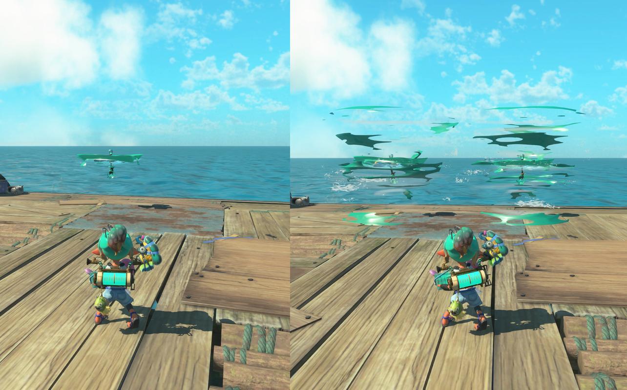 Side-by-side comparison of The Mechanic using equipment with different attack effects in Splatoon Raiders.