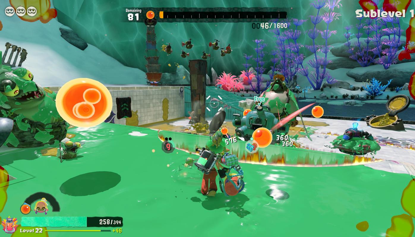 The Mechanic and Frye battle Salmonids in a colourful ink-covered area in Splatoon Raiders.
