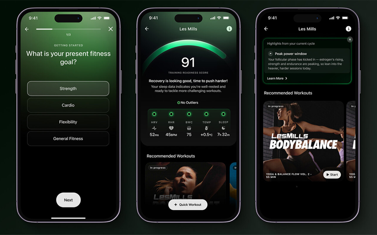 Three app screenshots of the Les Mills PowerPlug in the Ultrahuman app.