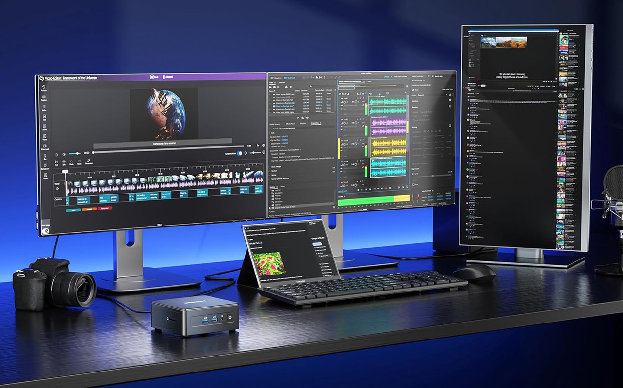 Mini PC with multi-monitor video editing setup