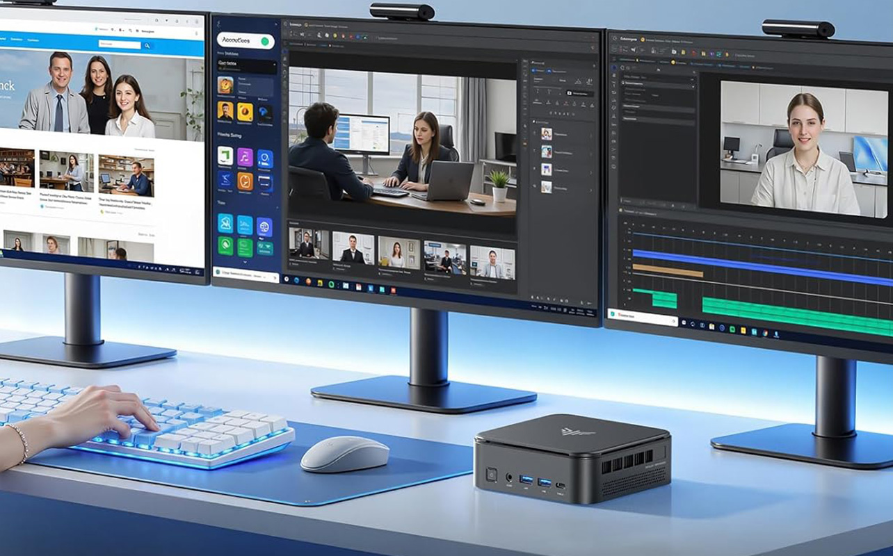 Mini PC with triple-monitor workstation