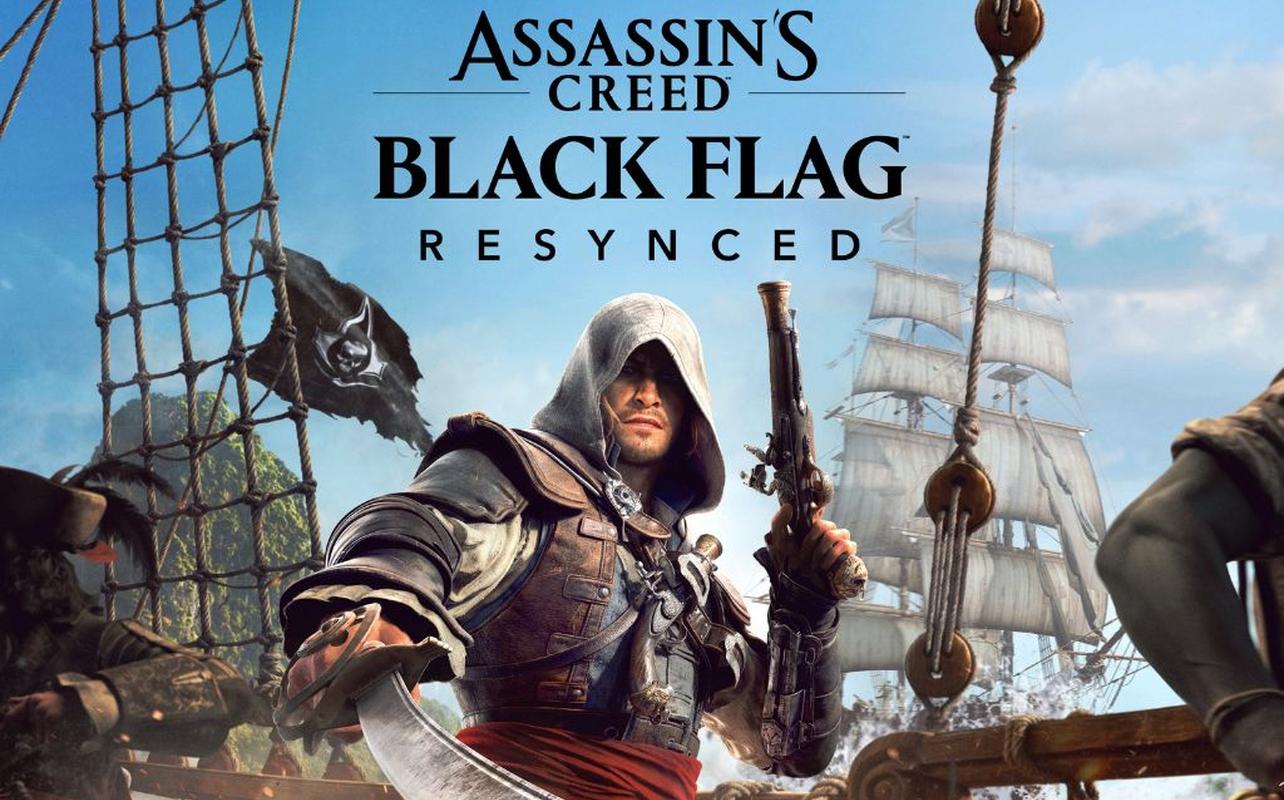 Assassin’s Creed Black Flag Resynced key art showing Edward Kenway holding a pistol and cutlass aboard a ship with sails behind him.