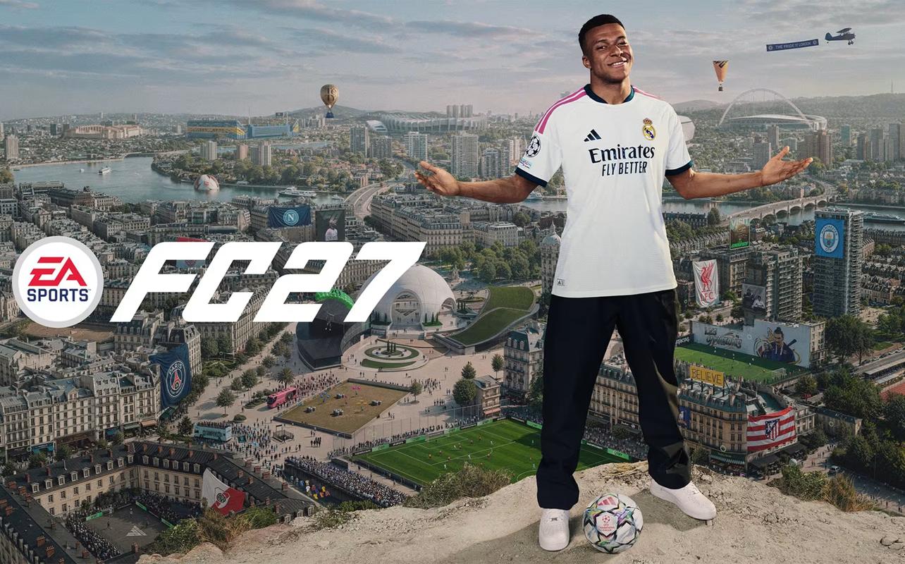 EA SPORTS FC 27 artwork showing a footballer in a white Real Madrid kit overlooking a cityscape with stadiums and club banners.