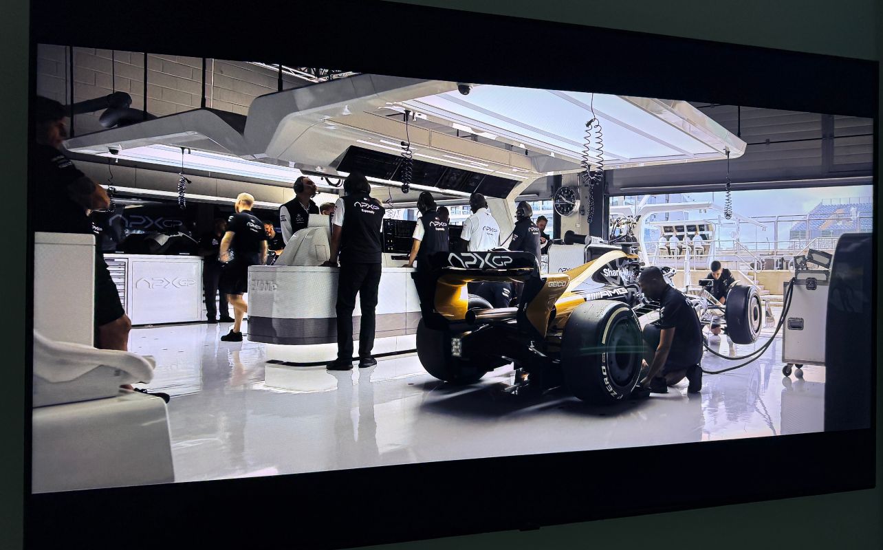 LG Micro RGB evo TV displaying F1 Movie in a darker scene showing off HDR brightness.