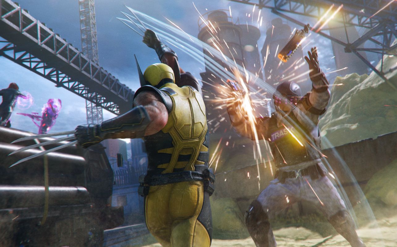 Wolverine is cutting an enemy with his claws.