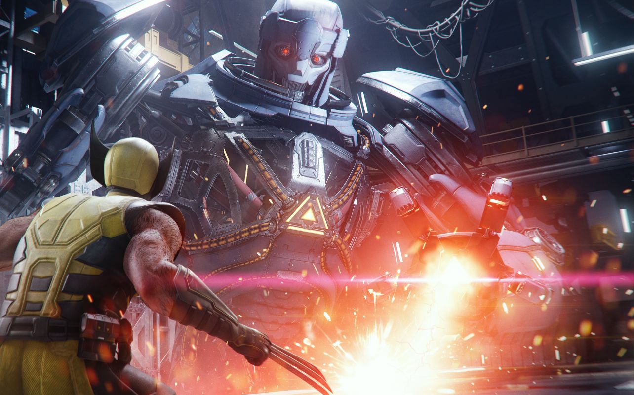 Wolverine fighting a giant Sentinel.
