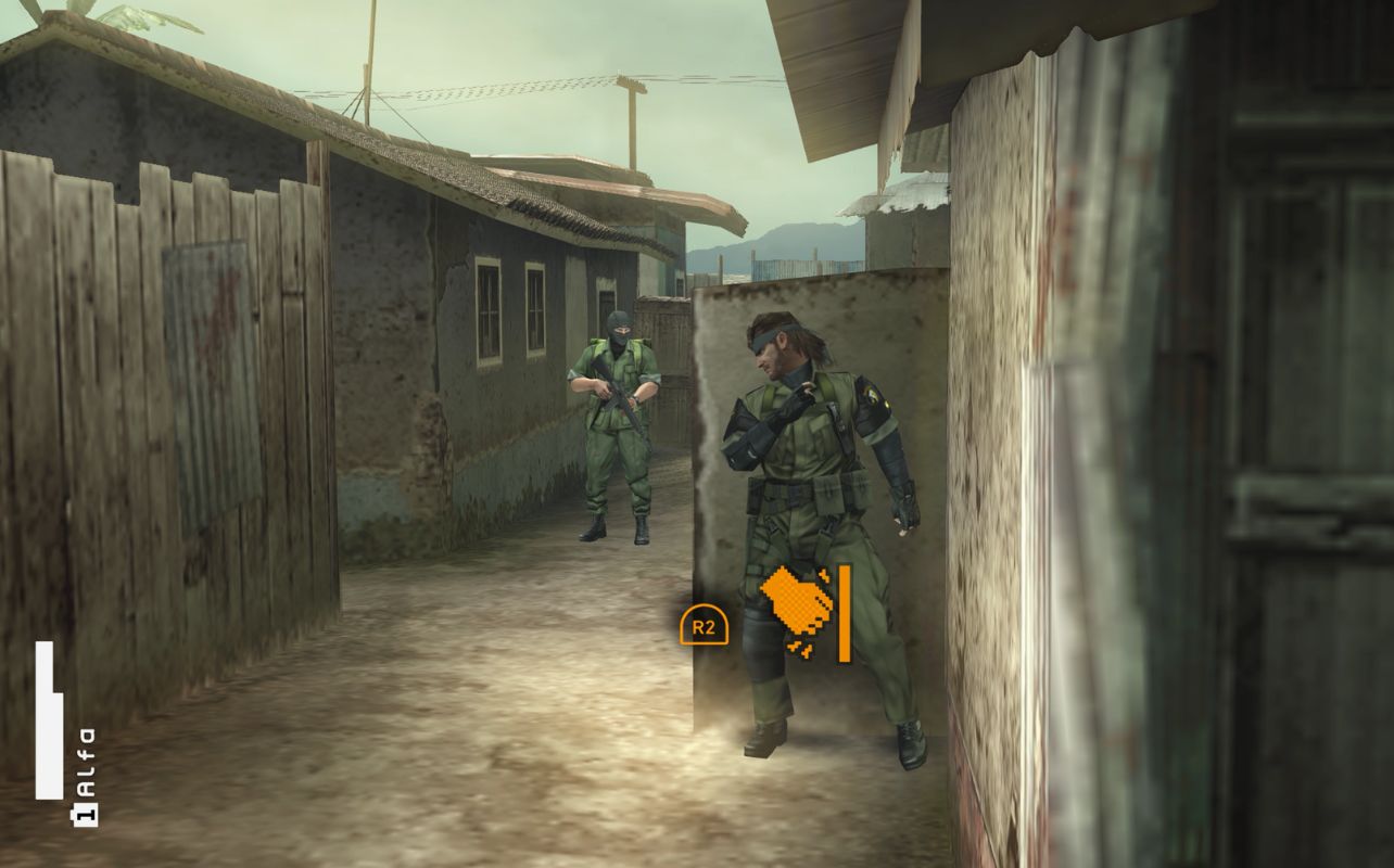 Metal Gear Solid Master Collection Vol. 2: Solid Snake hiding around a corner.