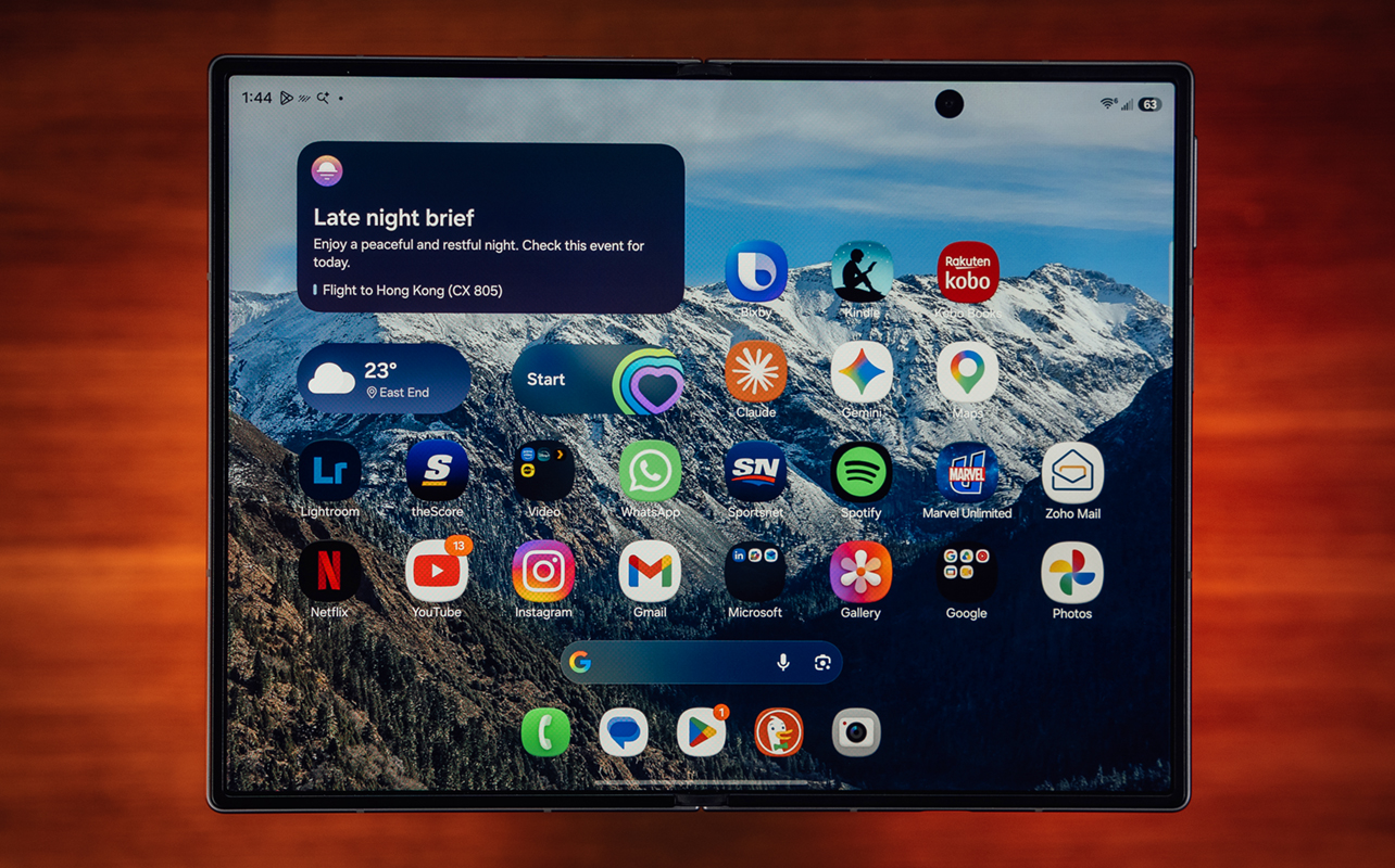 Samsung Galaxy Z Fold8 unfolded showing home screen.