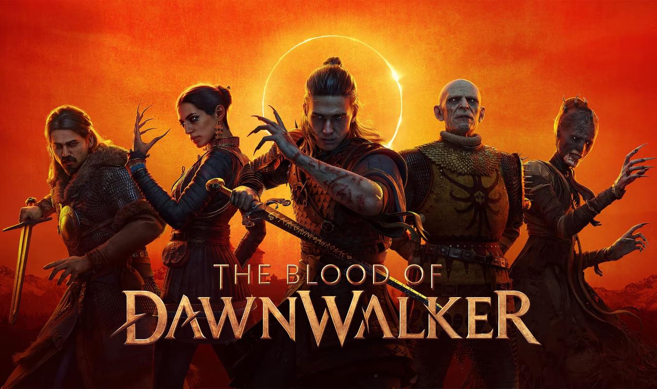 The Blood of Dawnwalker key art showing a sword-wielding character beneath a glowing eclipse against a red-orange background.