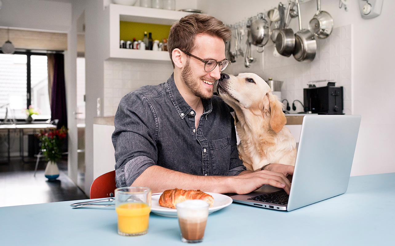 Man working on laptop with dog at breakfast table