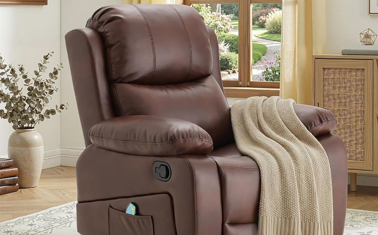 An Aecojoy massage chair with a blanket over the side.