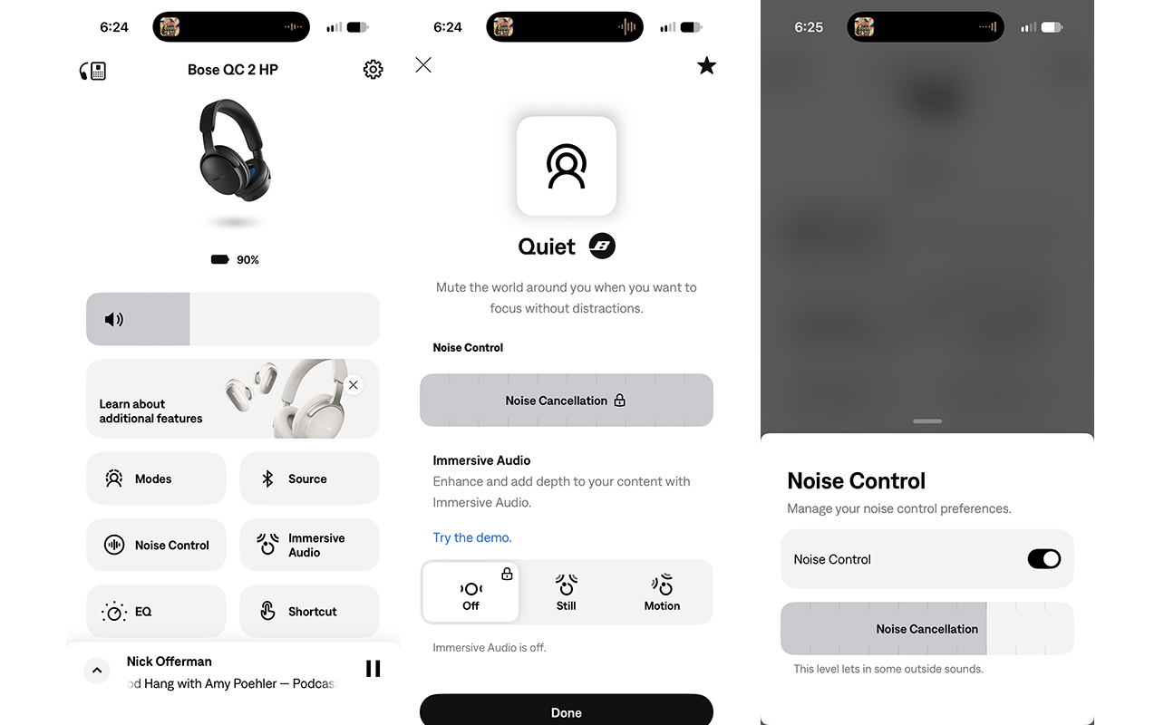 Three screenshots from the Bose app with settings for the QuietComfort 2 headphones.