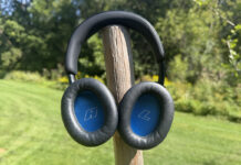 The Bose QuietComfort 2 headphones outside mounted on a pole showing the insides of the earcups.