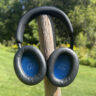 The Bose QuietComfort 2 headphones outside mounted on a pole showing the insides of the earcups.