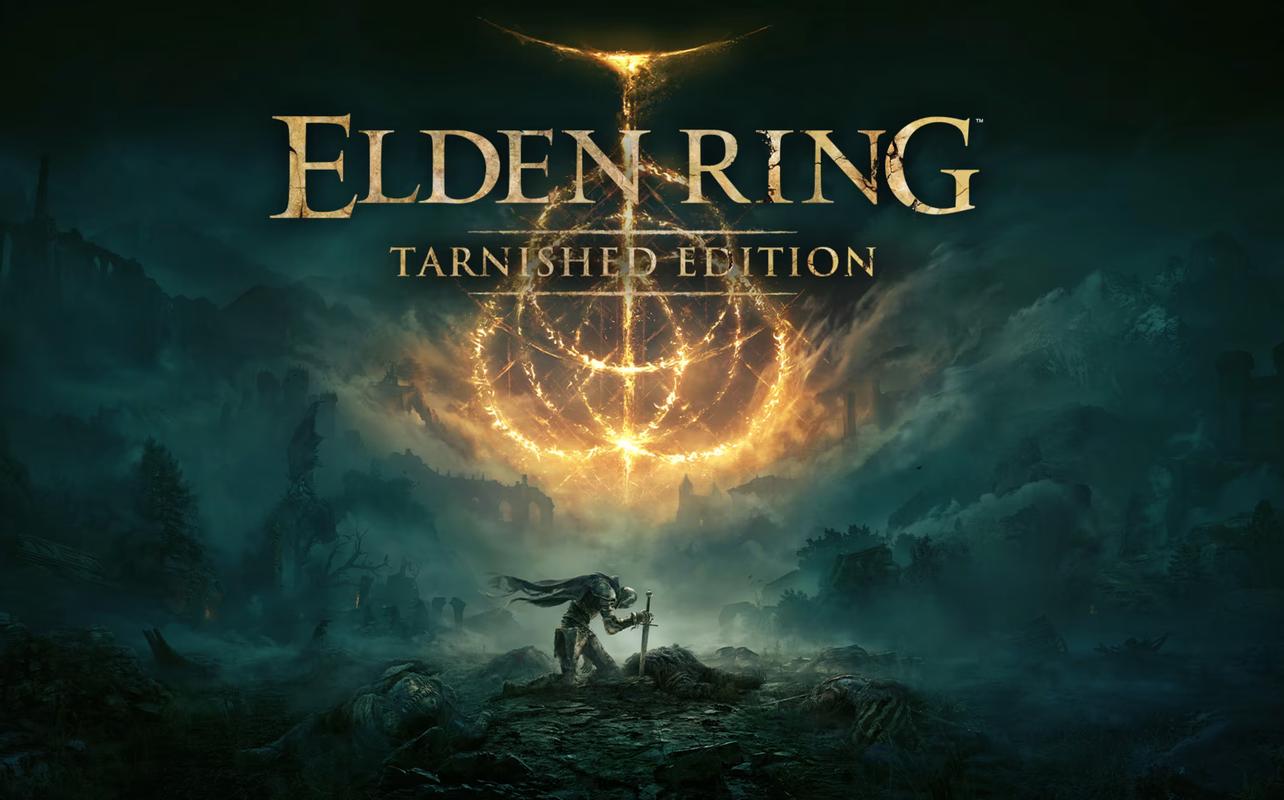 ELDEN RING Tarnished Edition artwork showing a Tarnished kneeling beneath the glowing Elden Ring symbol in a ruined landscape.