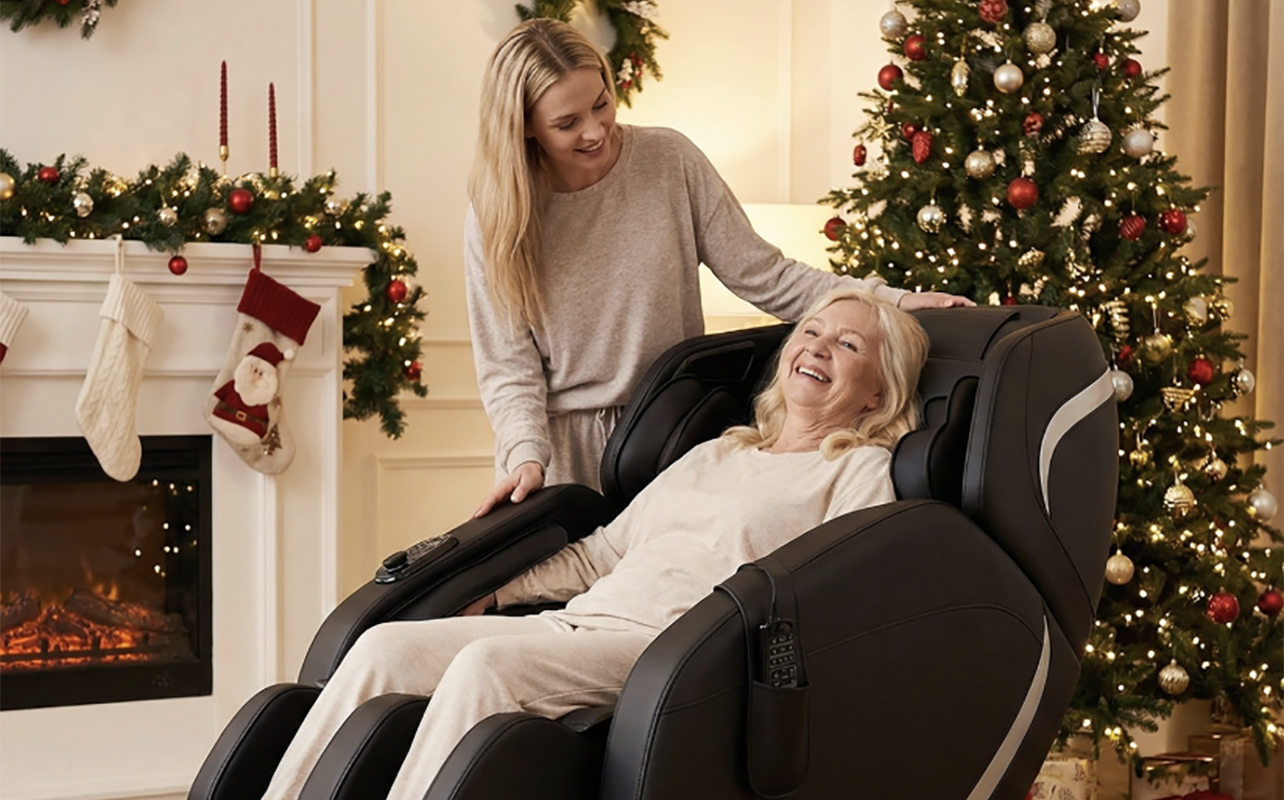 An elderly woman in a massage chair as a younger woman looks on with a Christmas tree in the background.