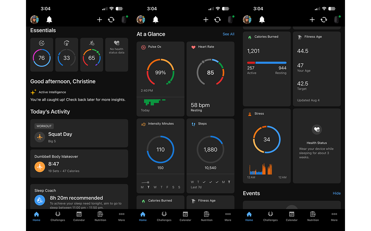 Garmin Connect app showing daily stats from the Garmin CIRQA