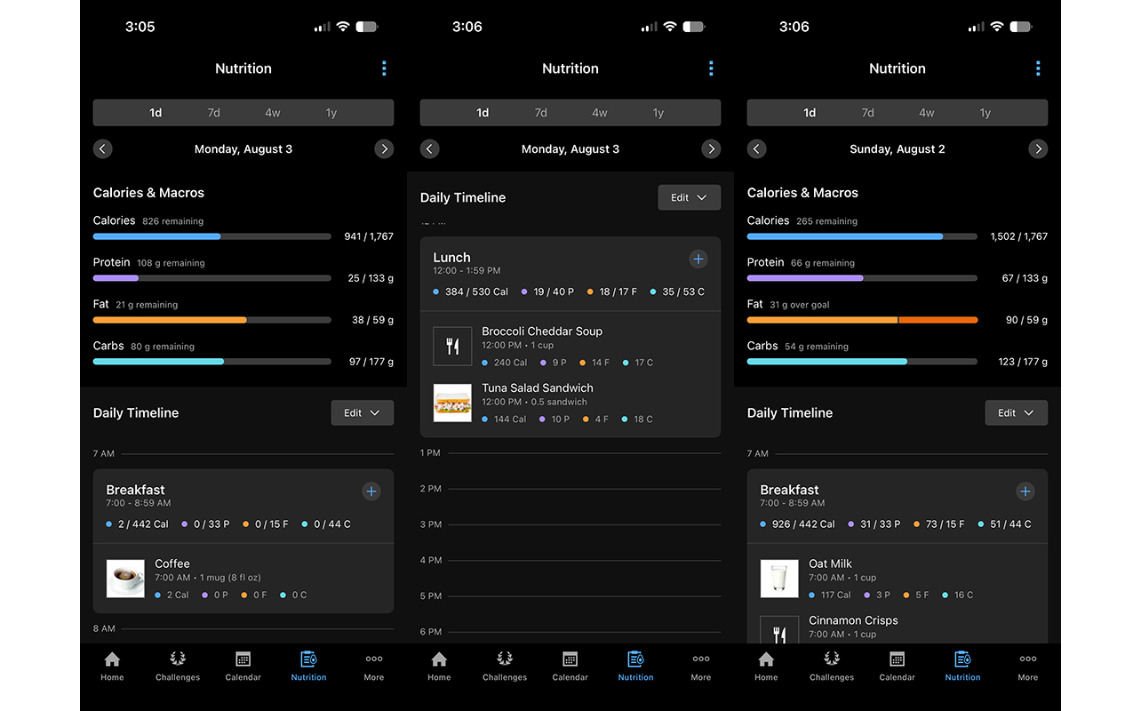 Garmin CIRQA app showing nutrition tracking details.