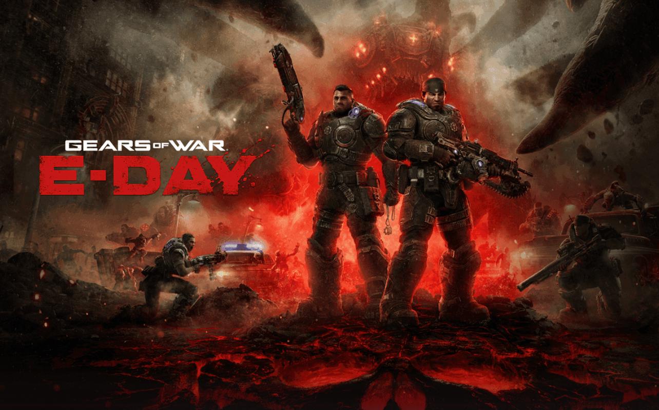 Gears of War: E-Day artwork showing Marcus Fenix and Dominic Santiago surrounded by Locust forces beneath the game logo.
