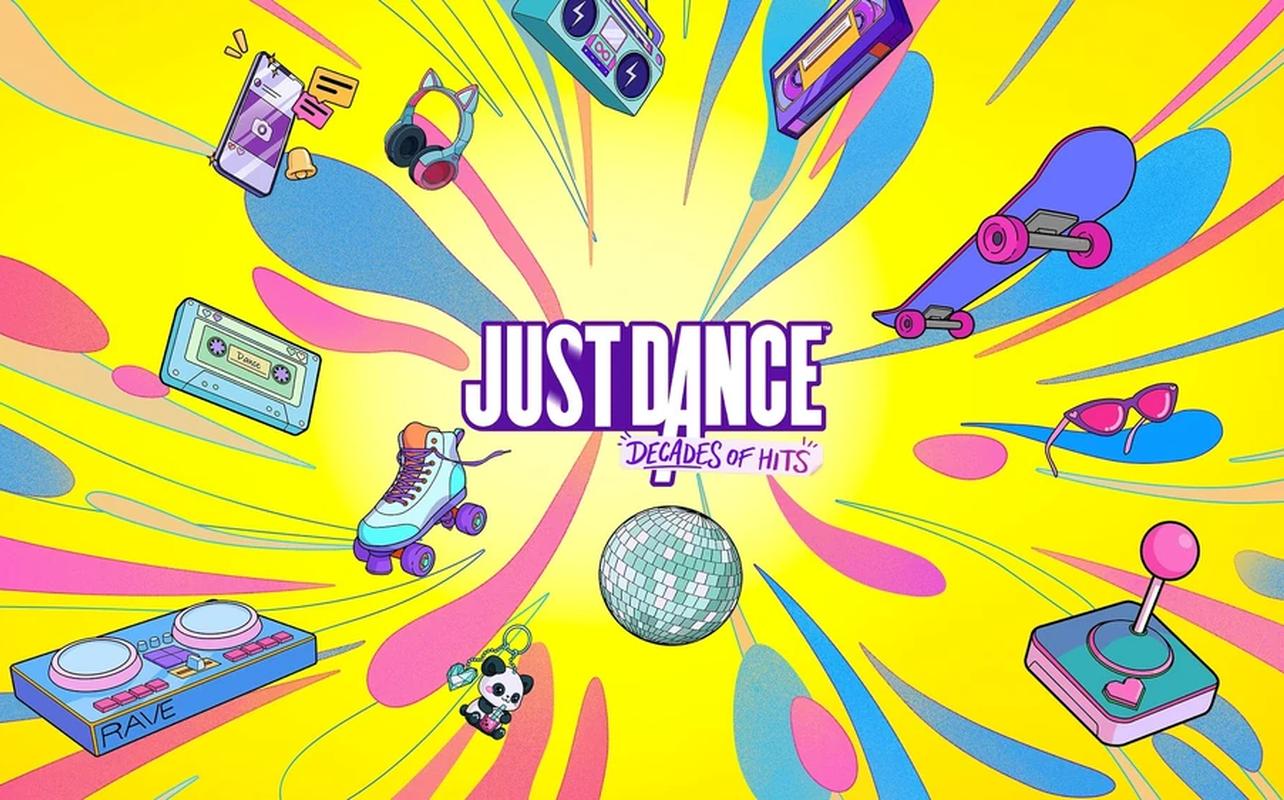 Just Dance: Decades of Hits artwork showing the game logo surrounded by colourful music, dance, and retro-themed icons.
