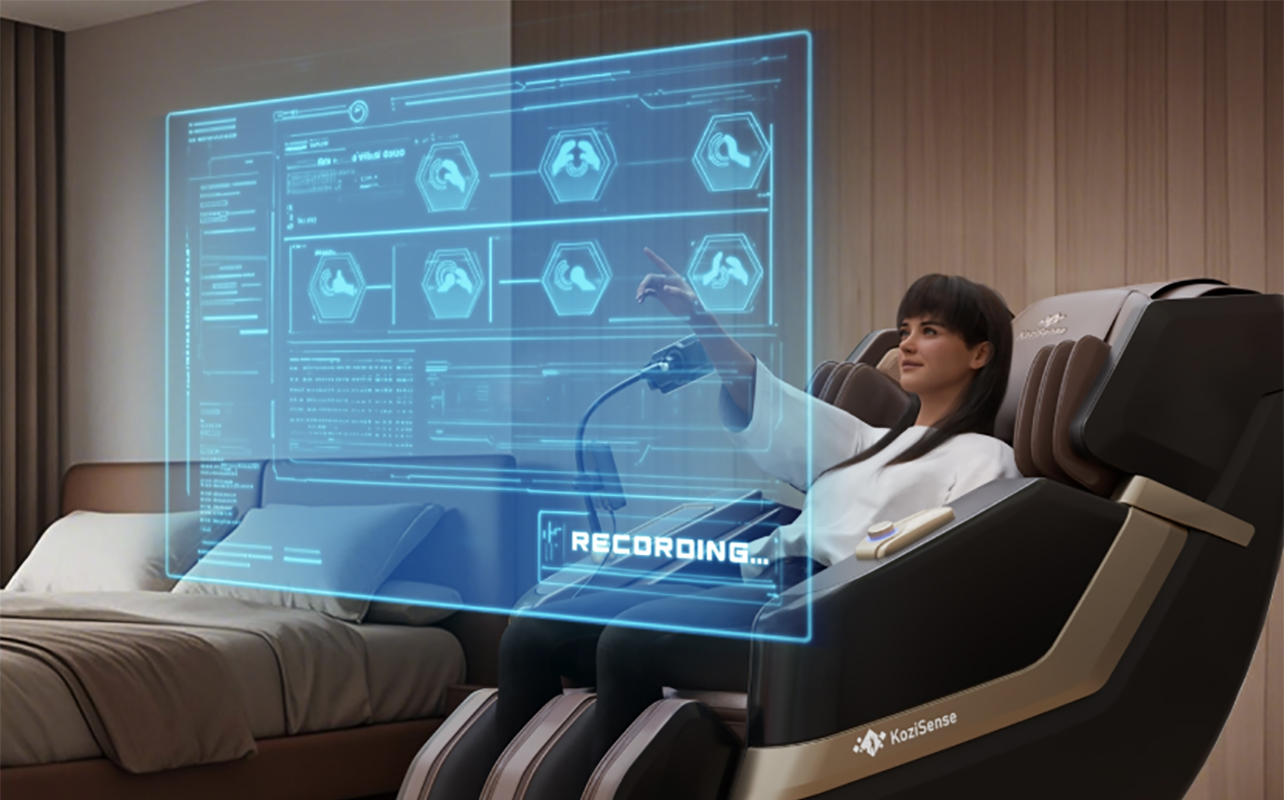 A woman sitting in a massage chair with the options showing on a holographic image in front of her.