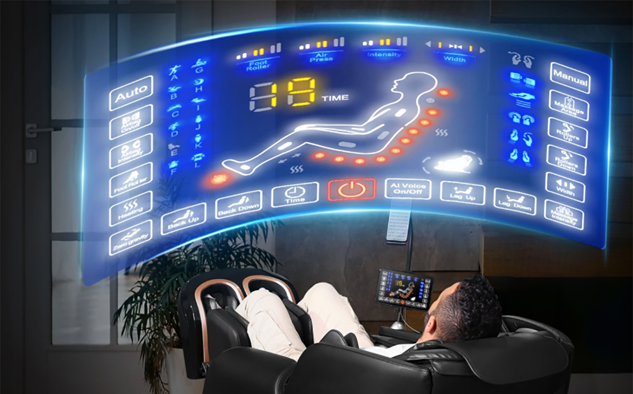 A man sitting in a Kozisense massage chair with the menu options shown on a large holographic screen in front of him.