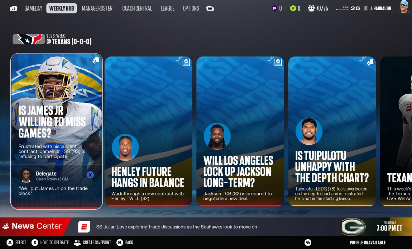 Madden NFL 27 Franchise mode showing contract, trade, and depth chart decisions in the Weekly Hub.