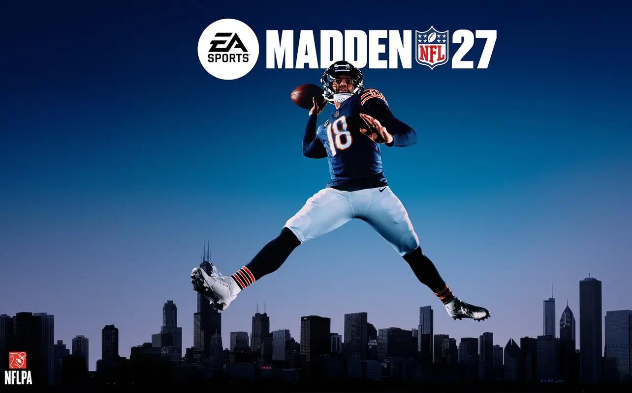 Madden NFL 27 artwork featuring a Chicago Bears quarterback above the Chicago skyline.