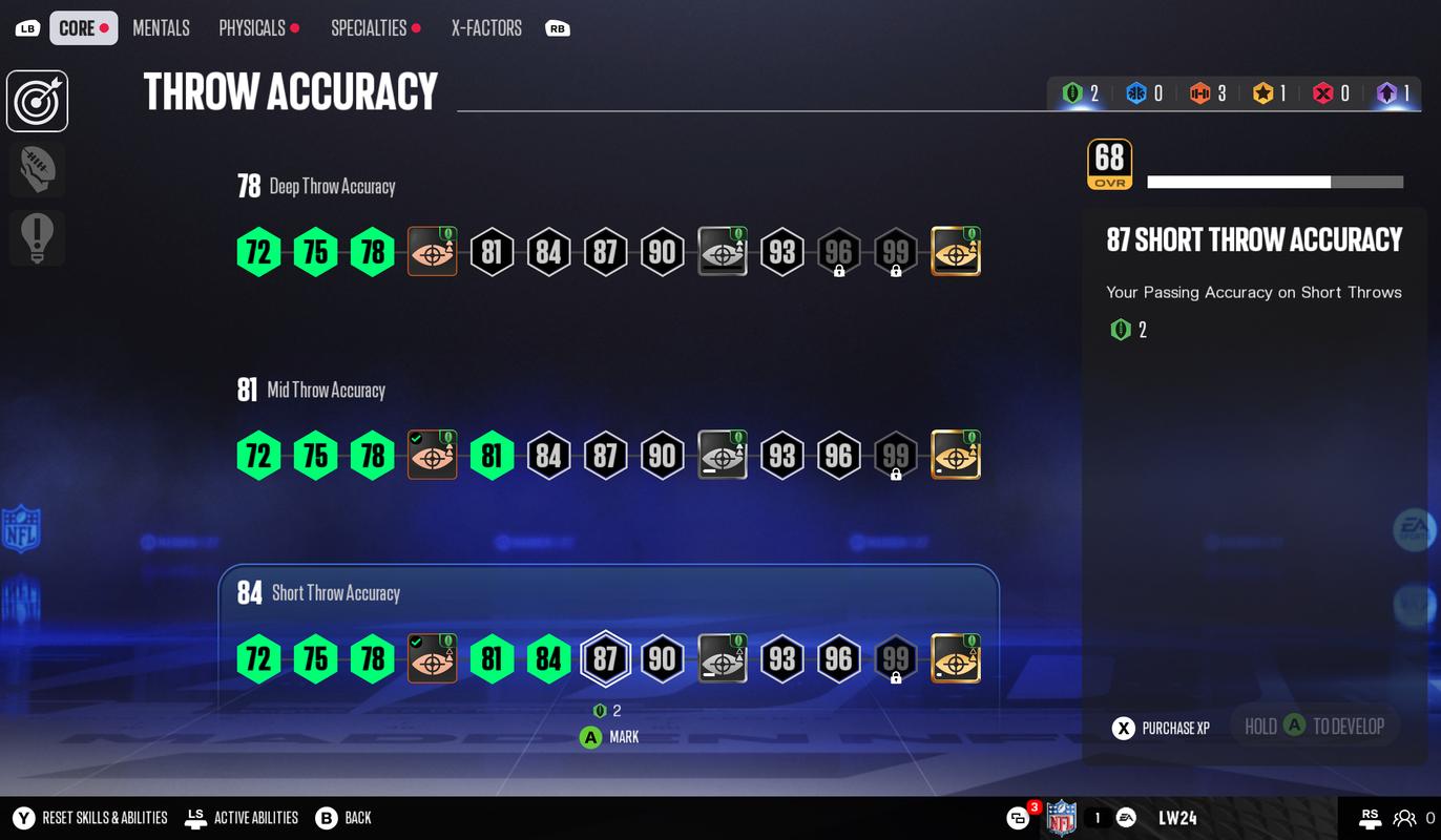 Madden NFL 27 Superstar mode showing branching player progression and throw accuracy upgrades.