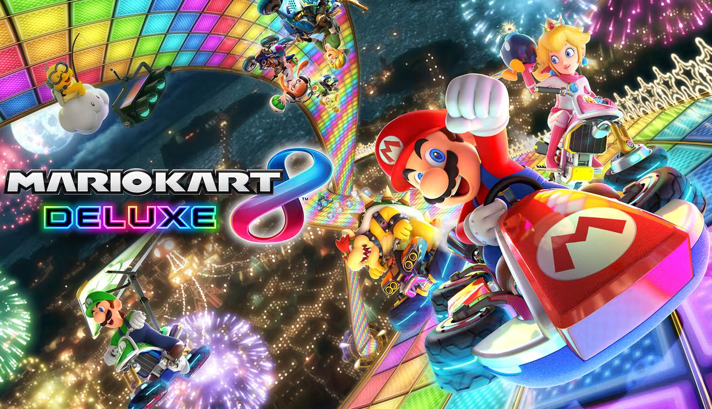 Mario Kart 8 Deluxe artwork showing Mario, Peach, Luigi, Bowser, and other racers on Rainbow Road beside the game logo.