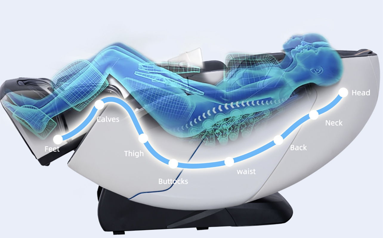 A diagram of a person lying back in a Massamax SL track massage chair.