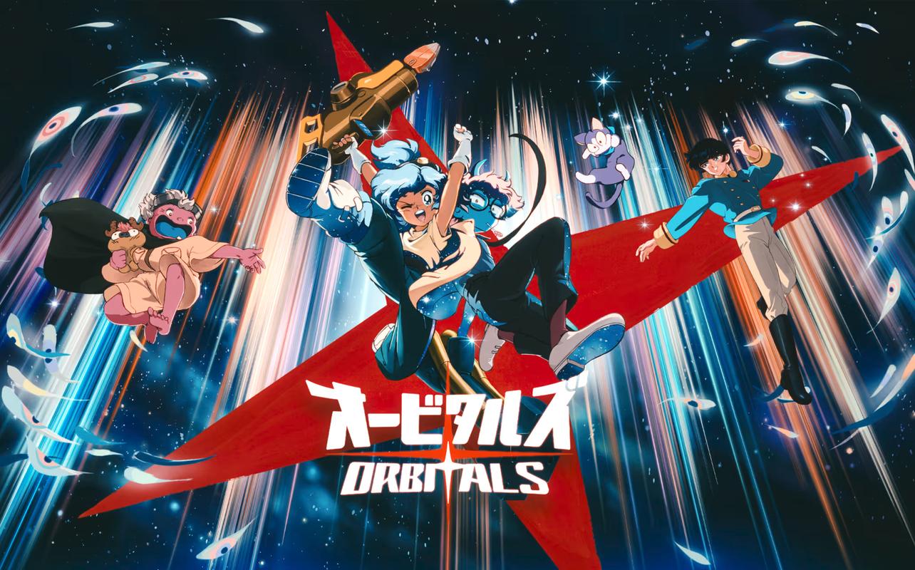 Orbitals artwork showing Maki, Omura, and other characters flying through a colourful space scene beside the game logo.