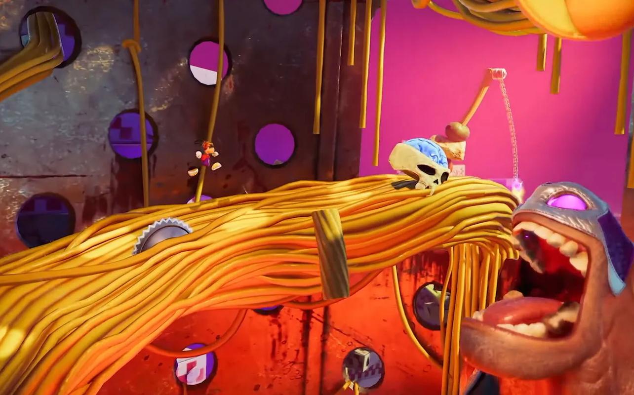 Rayman platforming through a colourful musical stage in Rayman Legends Retold.
