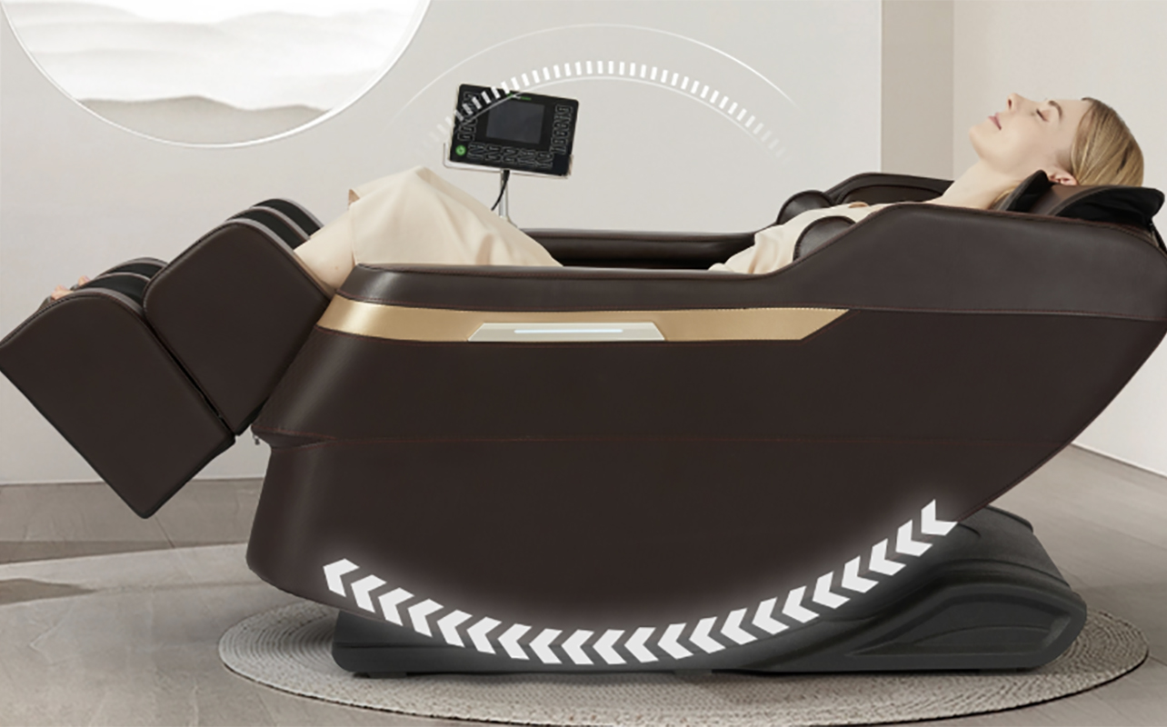 A woman lying back in a Realrelax massage chair.