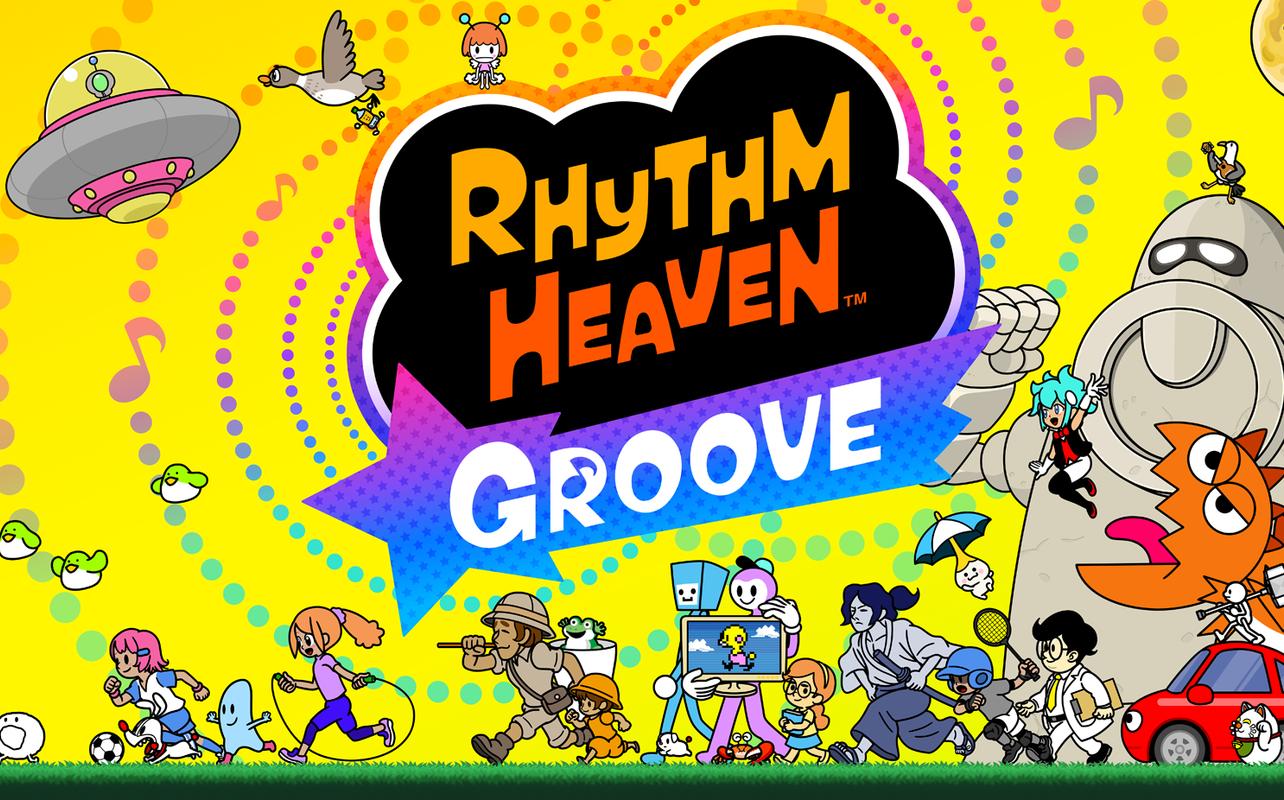 Rhythm Heaven Groove artwork showing colourful characters and rhythm challenges surrounding the game logo.