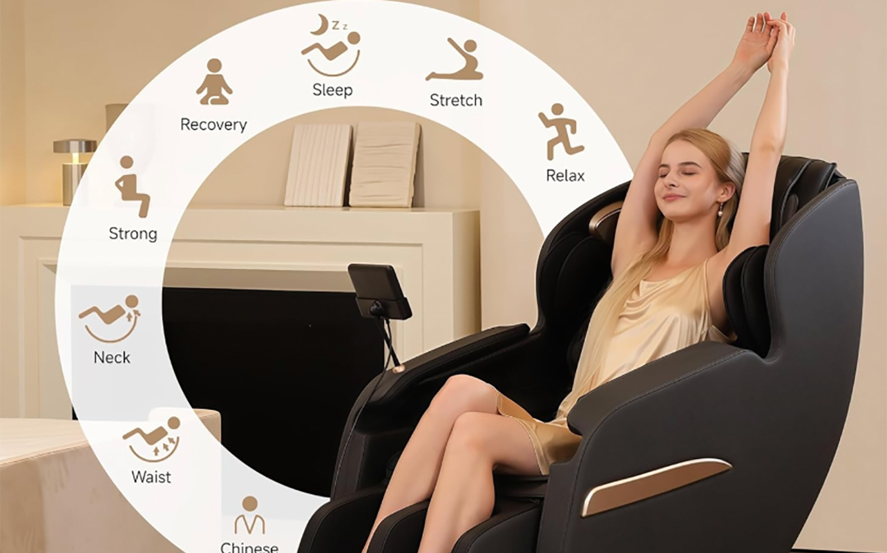 A woman stretching while in a zero gravity massage chair with a diagram showing massage types.