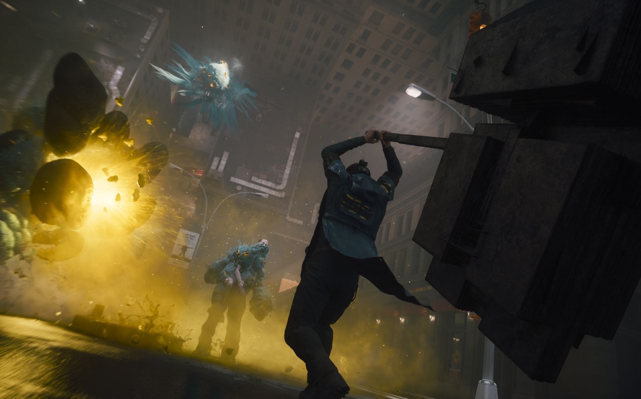 A character swings a giant hammer at 2 otherwordly creates.