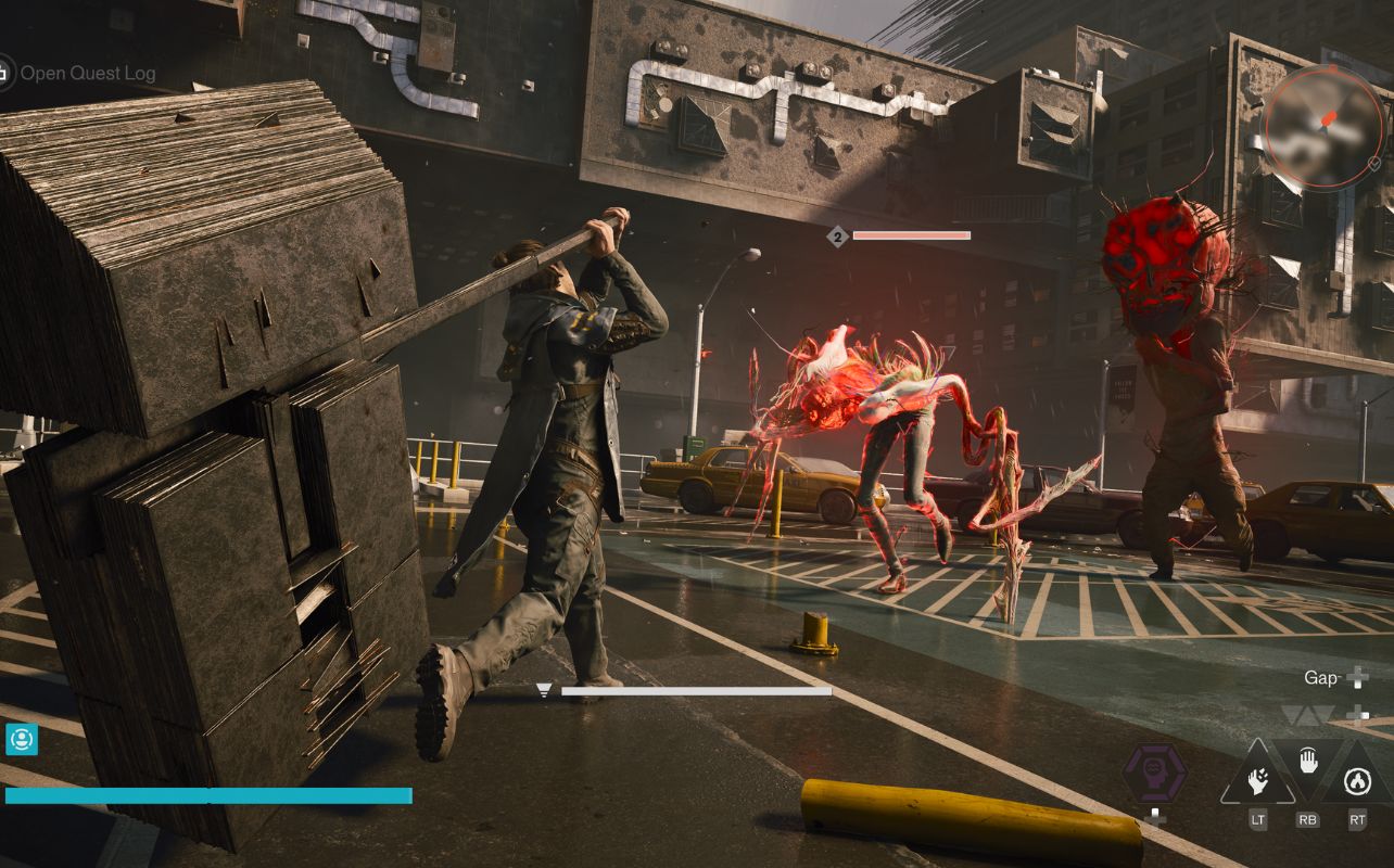 A character swings a giant futuristic-looking hammer at two creatures with buildings folded upward toward the skyline.