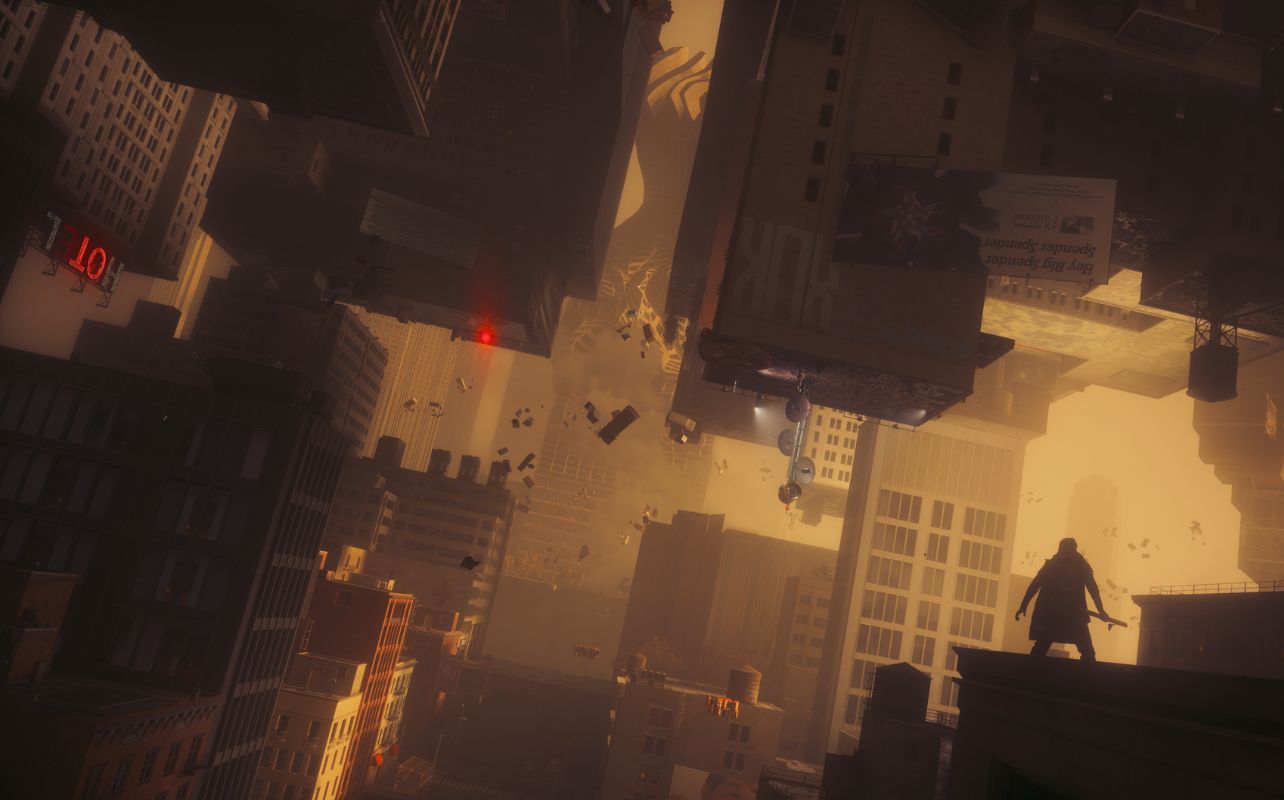 A silhouetted character looks on at a cityscape that is warped, with buildings coming from the sky.