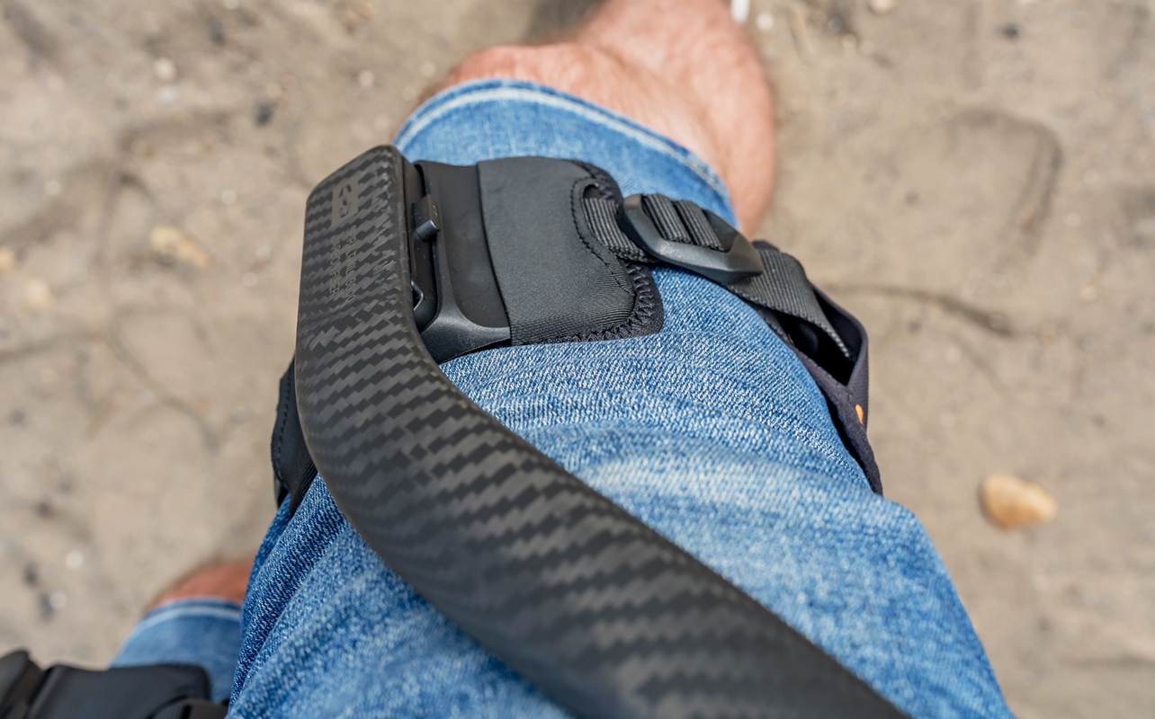 Leg strap on right leg for Hypershell X Ultra exoskeleton.