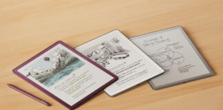 Kindle Scribe models laid out on a table.