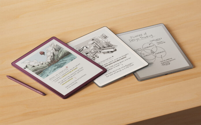 Kindle Scribe models laid out on a table.
