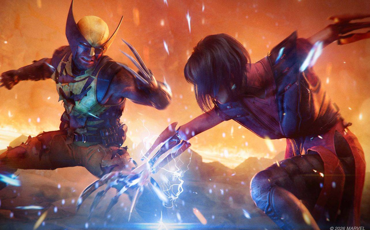 Wolverine affronte un ennemi avec ses griffes sur fond enflammé.